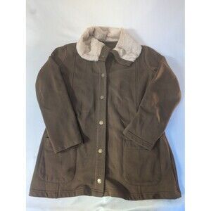 Merona Womens L Brown Faux Fur Collar Jacket Suede Look Snap Front Fleece Lined